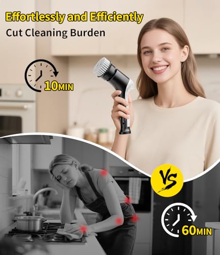 Electric Spin Scrubber, Cordless Household Cleaning Brush with 6 Replaceable Heads, 3 Speeds, LED Display, Lightweight Handheld Power Scrubber for Cleaning Stove/Bowl/Sink/Corner/Tile/Grout-Black - color: Black