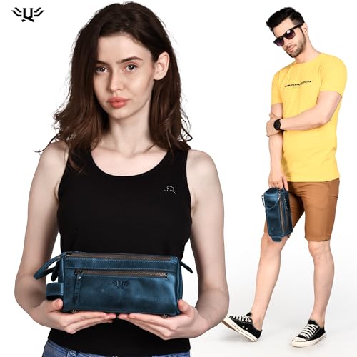 Premium Handmade Leather Toiletry Bags for Men and Women, Genuine Leather Dopp Kit and Shaving Bag for Men, Travel Cosmetic Bag for Women's and Men's, Zipper Pocket, Navy - color: Navy Blue (Large)