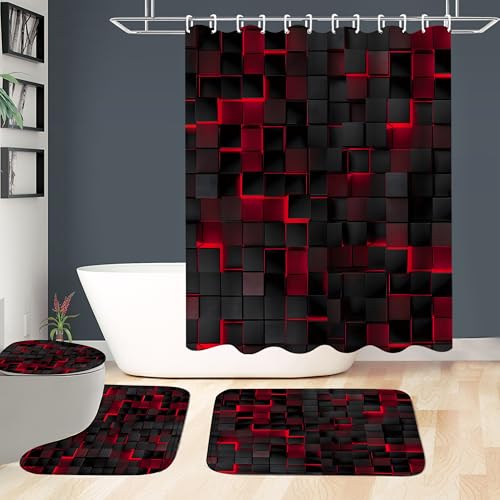 LQCOOL 4Pcs Shower Curtain Set Black 3D Cubes Shower Curtain Set Modern Bathroom Sets with Shower Curtain and Rugs Red Shower Curtain with 12 Hooks - color: Black Red