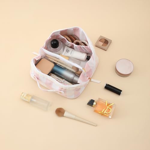 DYSHAYEN Stripe Travel Makeup Bag with Compartments Clear Coated Cosmetic Bag for Women, Waterproof Portable Open Flat Toiletry bag （White-Pink） - color: White-Pink