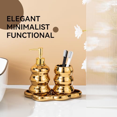 Gold Bathroom Accessory Set, 3-Piece Gold Ceramic Bath Accessories Set with Tray, Lotion Dispenser, and Tumbler for Luxurious Bathroom Decor - color: Gold