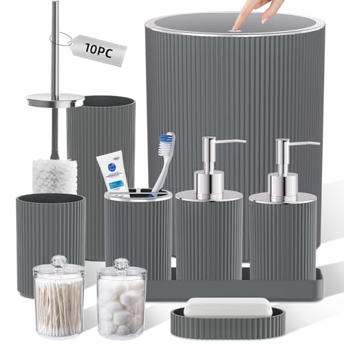 Grey Bathroom Accessories Set, 10PC Bathroom Set, Bath Accessory with Pop Up Trash Can, Soap Dispenser, Toilet Brush, Toothbrush Set Qtip Holders & Tray - color: Gray & Silver, size: 10-Piece Set (Accessories Only)