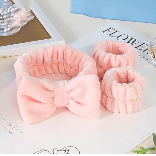 3 Pieces Face Wash Headband and Wristband Set, Makeup Skincare Headbands Spa Headband Towel for Women Skin Care Bath Wrist Bands for Washing Face (Pink) - color: Pink