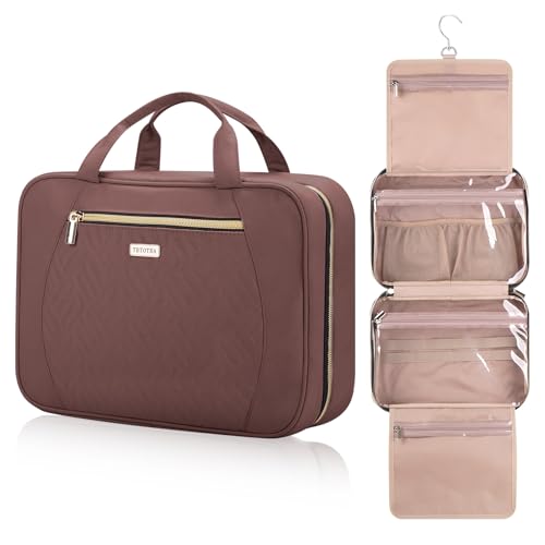 Hanging Toiletry Bag for Women Travel, 2 Sizes Large & Small Waterproof Cosmetic Organizer with 4 Compartments, Rotating Hook, Foldable Pink Travel Bag for Toiletries & Makeup Red Sandalwood - color: Rosewood, size: Large