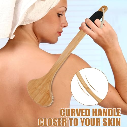 OWIIZI Back Scrub Brush for Shower,Stiff Boar Bristles Bamboo Curved Long Handle Antiskid Body Bath Brush for Back Use Wet or Dry,Deep Cleanse Large Surface Back Scrubber