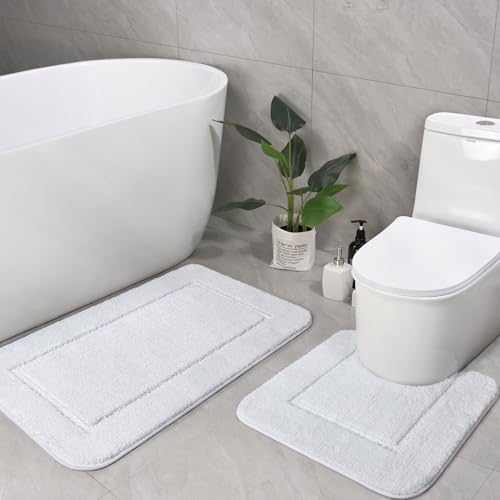 LOCHAS Bathroom Rug Set White, Soft Bath Rug Set 2 Piece, Toilet Mat U-Shaped 20x20 and 34x20 Bath Rugs, Quickly Dry Mats for Bathroom, Tub, Washable, Super Absorbent Floor Mat - color: White, size: 34" x 20" Plus 20" x 20" (U-Shape)