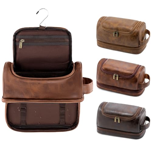 Toiletry Bag for Men Travel Essentials Shaving Dopp Kit with Hanging Hook, Waterproof Toiletry Bag with Dry Wet Separation, PU Leather Travel Organizer for Camping Business, Reddish Brown - color: Reddish Brown, style: Solid