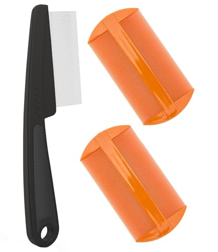 Dandruff Comb Removal Steel Fine Tooth Scalp Detox Hair Care Tool 3PC | Build Up Flakes Lice Comb, Stainless Steel Teeth, Self Cleaning, Anti Slip Handle, for Women Men Kids, Black+ Orange - color: 3PC Black+Orange
