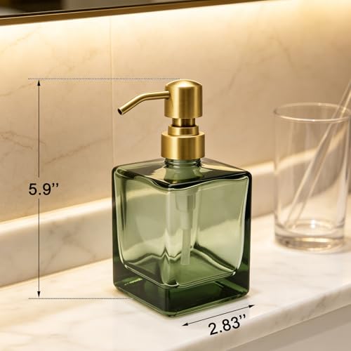 Square Bathroom Soap Dispenser Green Bottle with Brushed Gold Pump, Retangle Cube 8.4 oz Glass Bottles with Stainless Steel Pump Hand Liquid Soap Dispenser Kitchen - color: Green and Brushed Gold Pump, size: 8.4oz-Square