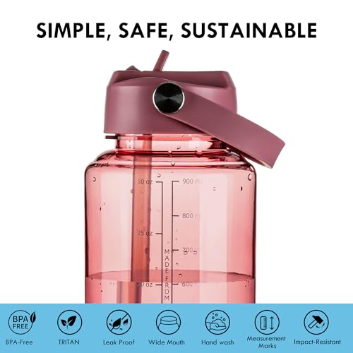 OLDLEY 32oz Water Bottle with Straw, Leakproof Tritan Clear Bottle with Marked Bottle and Carry Handle, BPA-Free Wide Mouth Reusable Sports Water Bottle for Gym,Hiking, Camping,Travel,Workout,Red - color: Red
