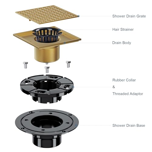 Champagne Bronze 4 Inch Shower Floor Drain with Flange - Square Shower Drain with Hair Strainer - Removable Strainer Cover - SUS304 Stainless Steel - Antique Brass - color: Champagne Bronze