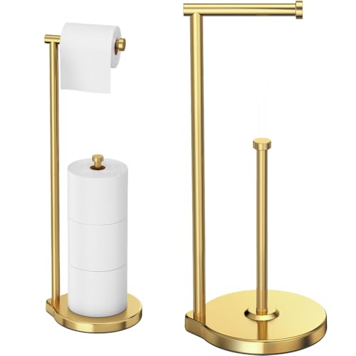 theaoo Heavy-Duty Toilet Paper Holder Stand – Modern Freestanding Bathroom Toilet Tissue Paper Roll Holder with Reserve & Storage, Stainless Steel (Brushed Gold, Free Standing) - color: Brushed Gold