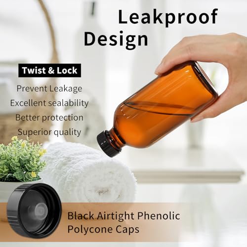 24 Pack 8oz Amber Glass Boston Round Bottles with Phenolic Polycone Caps – Airtight, Leak-Proof Brown Glass Containers for Kombucha Brewing, Storing Condiments, Essential Oils, and Homemade Solutions - size: 8oz