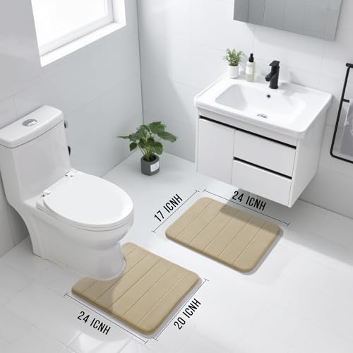 Yimobra U-Shaped Toilet Bath Mat Set 2 Piece - Soft Absorbent Quick Dry Memory Foam Bathroom Rugs, Machine Washable Non Slip Floor Carpet for Tub Shower & Single Sink (17x24 & 24x20, Pale Khaki) - color: Pale Khaki, size: 24x17+24x20 Inch