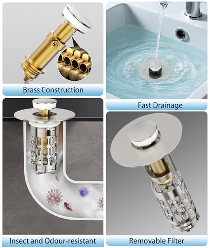 QYHNYJF Upgraded Bathroom Sink Stopper with Hair Catcher - Universal Pop-Up Drain Plug, Stainless Steel & Silicone Seal for 1.1-1.5 Inch Drains,Brushed Nickel Finish (Brushed Nickel) - color: Nickel Brushed