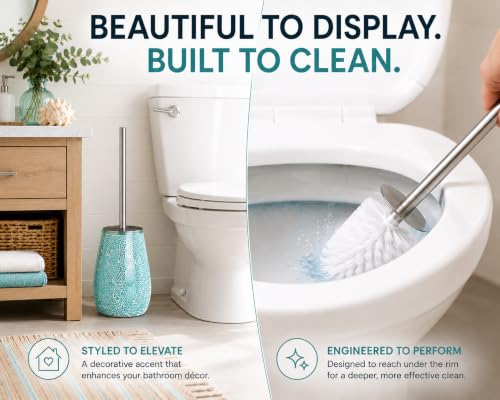 Escenzy Turquoise Green Toilet Brush and Holder Set – Handcrafted Mosaic Glass Holder, 304 Rust-Resistant Stainless Steel Toilet Bowl Brush – Decorative Luxury Bathroom Accessory - color: Turquoise
