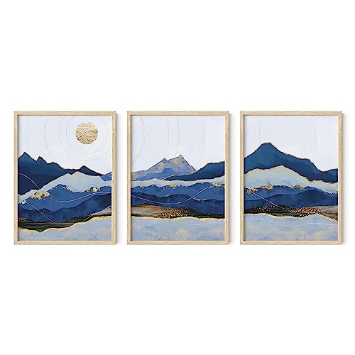 HAUS AND HUES Mountain Wall Art - Set of 3 Blue Decor Nature Art, Modern Landscape Decor, Abstract Posters with Beige Frame, 12x16 - color: Blue Mountain, size: 12"L x 16"W, style: Beige Framed