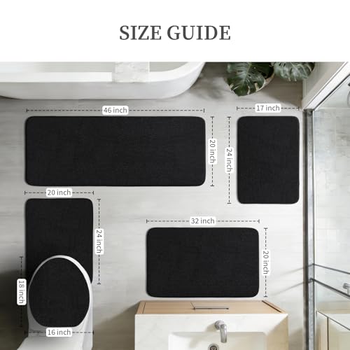 YIHOUSE Memory Foam Bathroom Rugs Sets 5 Piece - Extra Thick Soft Towel-Like Absorbent Bath Mat Set, Non Slip Machine Washable Bath Rugs Carpet for Bath, Tub and Shower, Black - color: Black, size: 1'8" x 3'10" (5 pieces)