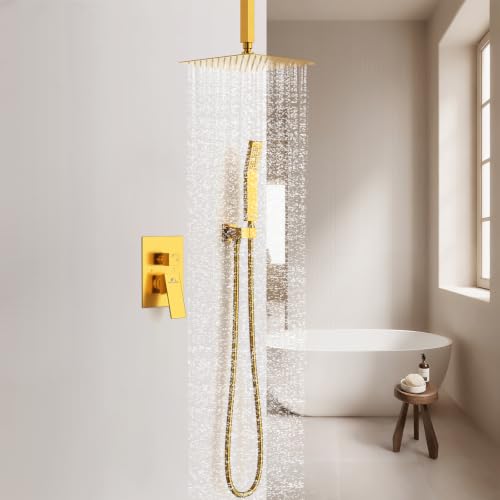 SunCleanse Rainfall Shower Faucet Set Brushed Gold Shower Combo Set for Bathroom with High Pressure 10 inch Shower Head with Handheld Shower Valves Shower Head and Handheld Ceiling Mounted - color: Brushed Gold, style: 10-ceiling