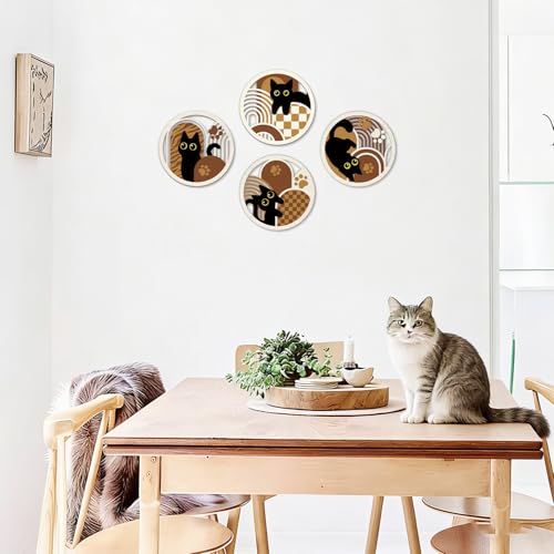 TOARTi 4PCS Boho Black Cat Wall Art Set, Minimalist Geometric Wooden Wall Decor,Abstract Bohemian Black Cats Hanging Sign, Farmhouse Cute Kitty Artwork for Bedroom Living Room Nursery Cat Lovers Gifts - color: 4pcs Boho Black Cat Wall Art