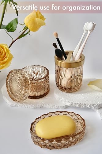 LaMarriti Brown Bathroom Accessories Set, 5Pcs Glass Bathroom Set, Soap Dispenser and Toothbrush Holder Set, Soap Dish, Qtips Holder, Tumbler for Crystal Vintage Bathroom Decor - style: Brown