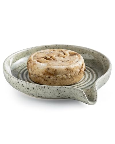 Soap Dish with Self-Draining Design, Ceramic Soap Holder with Drain Spout Soap Tray for Shower, Bathroom and Kitchen Sink, Keep Bar Soap Dry, Speckled Glaze - color: Speckled Glaze, size: Round