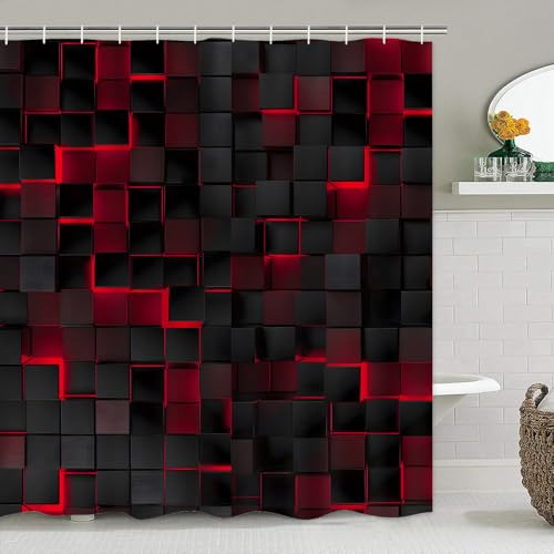 LQCOOL 4Pcs Shower Curtain Set Black 3D Cubes Shower Curtain Set Modern Bathroom Sets with Shower Curtain and Rugs Red Shower Curtain with 12 Hooks - color: Black Red