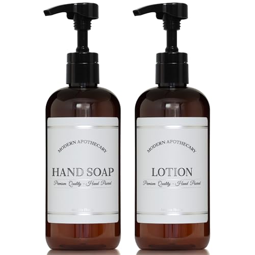 Amber Refillable Hand Soap and Lotion Dispenser Set for Bathroom Sink - PET Plastic Pump Bottles with Labels and High Output Pumps - Waterproof Labels - 16 oz, 2 Pack - color: 4ccblkplastic Pump