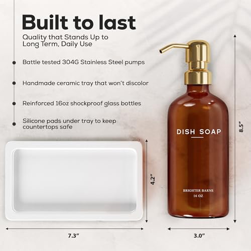 Luxury Glass Hand and Dish Soap Dispenser Set with Tray by Brighter Barns - Kitchen Soap Dispenser with Tray and Pump for Kitchen Sink - Luxury Home Decor for Airbnb, Restaurant, Hotel (Amber/Gold) - color: Amber Gold Hd