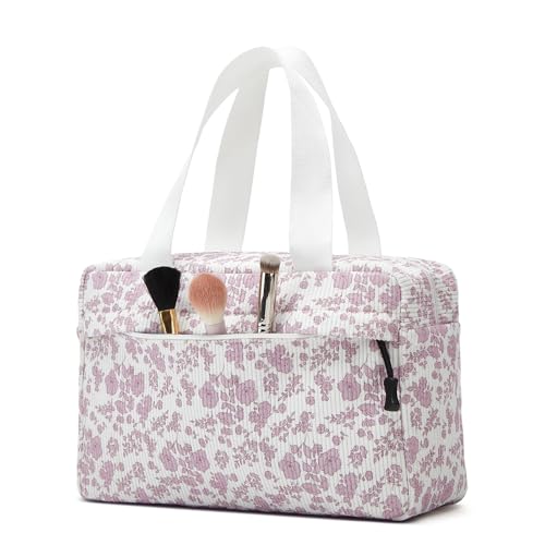 Large Makeup Bag for Women Corduroy Cosmetic bag Make up Bags Zipper Pouch with handle Cosmetic Organizer Toiletry Bag for Travel Storage - color: 16-Pink Flower
