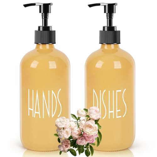 Glass Soap Dispenser with Plastic Pump for Kitchen - 16 OZ Glass Hand Soap Dispenser Set - Kitchen Bathroom Decor and Accessories (Yellow) - color: Yellow