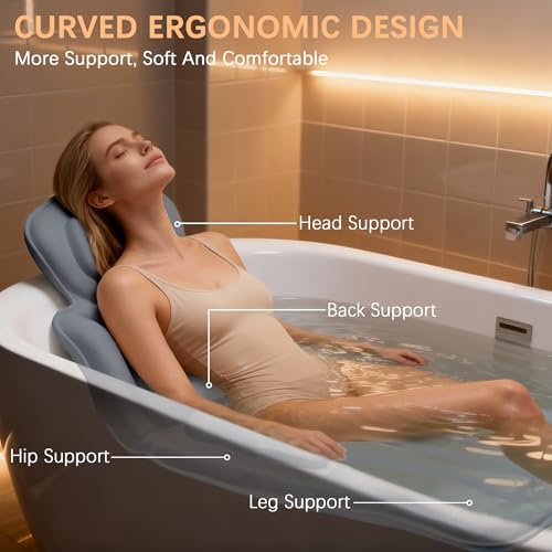 59'' Full Body Bath Pillow for Bathtub 6D Air Mesh 144 Suction Cups | Bath Pillow Luxury Bathtub Pillow 3.7'' Head, Neck and Back Support Bath Tub Pillow Extra-Large 59 x 20 Inch Size - color: Grey, size: Large