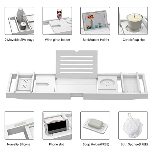 Zhuoyue Bamboo Bathtub Tray, Expandable Premium Bath Tray for Luxury Bathroom, Adjustable Bath Accessories for Tub with Soap Towel Book Holder, Extendable 29.5-43.3" White - color: White