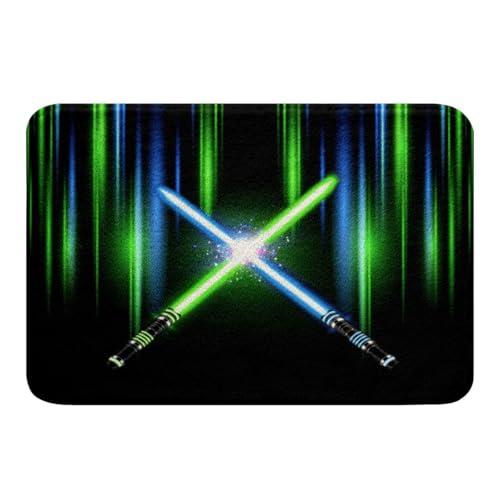 Geometric Light Up Sword Non Slip Bath Mat Kids Girls Boys Neon Blue Green Light Stripes Bathroom Rug Teens Modern Fashion Games Shaggy Absorbent Floor Mat 3D Black Bath Indoor Doormat Decor,16"x24" - color: Lightsaber 03, size: 16" x 24"