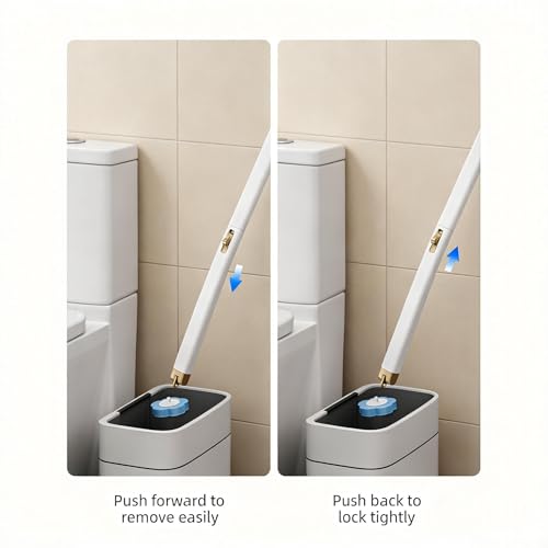 Disposable Toilet Brush Set with 24 Refill Heads, Wall Mounted Bathroom Cleaning Wand, 3-Layer Scrubbing Pads with Built-in Cleaner, One-Click Contactless Replacement, White and Gold