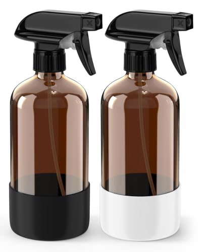 Bontip Glass Spray Bottle with Silicone Sleeve Protection, Amber Glass Spray Bottle Set for Window Cleaner Aromatherapy Facial Hydration Watering Flowers Hair Care 2 Pack/16 oz (Black & White, 16 oz) - color: Black & White, size: 16 Ounces