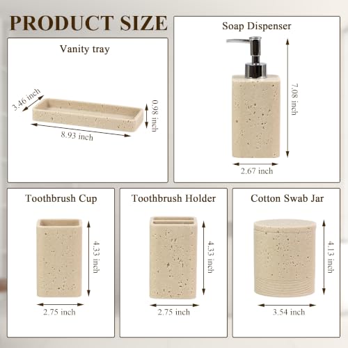 Bathroom Accessories Set, 6 Piece Bathroom Set with Toothbrush Holders, Soap Dispenser, Vanity Tray, Tumbler, Cotton Swab Jars, Bathroom Organizer for Bathroom，Bathroom Sink Sets Travertine Beige - color: Travertine Beige