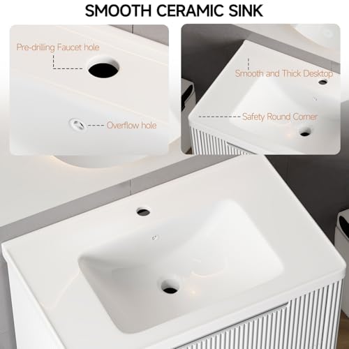 ONBRILL Modern Bathroom Vanity with Sink Combo, Curved Floating Bath Vanity with 2 Drawers, Wall Mount Bathroom Vanities with Integrated Ceramic Sink for Small Space, Apartment (White, 32“) - color: White, size: 32“