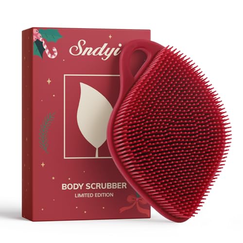 Sndyi Silicone Body Scrubber, Gentle Exfoliating Body Scrubber for Sensitive Skin, Leaf Shaped Shower Scrubber for Body with Lathering Bristles, Silicone Loofah Body Brush for Showering, Red - color: Red