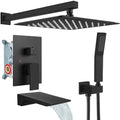 gotonovo Shower System with Tub Spout,Waterfall Tub Shower Faucet Set for Bathroom Head and Handle Set Wall Mounted 3 Function Rough-in Valve and Trim Included 12 inch Shower Head Matte Black - color: Matte Black, size: 12 inch Shower Head