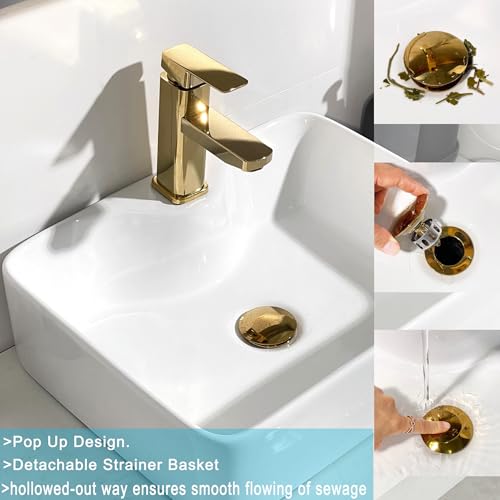 Rockgoya Bathroom Sink Drain, 5 Pack Gold Drain Stopper Bathroom Sink Without Overflow, Pop Up Drain Assembly with Detachable Strainer Basket, Built-in Anti-Clogging Strainer,Stainless Steel - color: Gold-5 Pack, style: Without Overflow