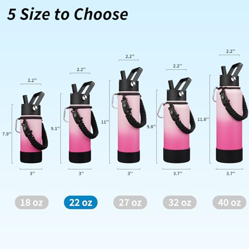 BJPKPK Insulated Water Bottle with Straw Lid, 22oz Thermal Flasks Water Bottles with 3 Lids, Paracord Handle & Non-slip Boot, BPA Free Leak Proof Stainless Steel Tumblers, Cups,Cherry - color: Cherry, size: 22 Ounces