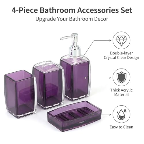 Bathroom Accessories Set,Soap Dispenser,Soap Dish,Toothbrush Holder, Tumbler, Acrylic Bathroom Accessories Set Complete, Modern Bathroom Décor, Gift for Home (PURPLE-4PCS) - color: Purple-4pcs