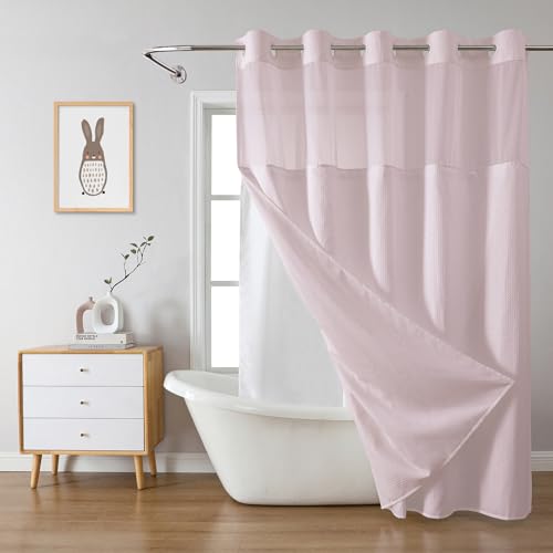 eachope BlushPink Long No Hook Waffle Weave Shower Curtain with snap-in Liner Replacement, 230GSM Waterproof Fabric Hotel Shower Curtain Set for Bathroom, Through Mesh Top Window,71Wx80H - color: Blushpink, size: 71"W x 80"L (Pack of 1)