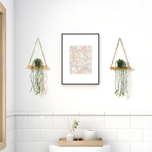 2 Pack Wooden Hanging Shelves with Artificial Eucalyptus Plants Wall Decor for Living Room, Bedroom, Bathroom - Fake Hanging Plant and Wood Wall Shelf Set for Boho Farmhouse Home Decor