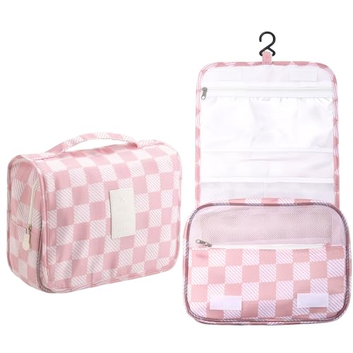 Pengxiaomei Toiletry Bag for Women, Pink Waterproof Hanging Cosmetic Bag Portable Makeup Pouch Multifunction Handle Travel Toiletry Bag for Teen Girl Gifts - color: Pink square