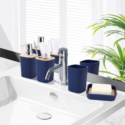 XLHOMO Blue Bathroom Set - Navy Blue Bathroom Accessories Set with with Trash Can,Toothbrush Holder,Toothbrush Cup,Soap Dispenser,Tray,Soap Dish,Toilet Brush,Qtip Holders for Bathroom Home Decor - color: Hollow Blue, size: Hollow Cover Bathroom Set