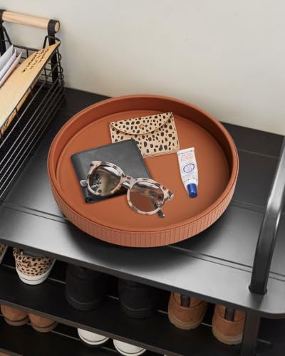 HofferRuffer Round Decorative Tray, Faux Leather Vanity Tray Decor, Decorative Catchall for Perfume, Bathroom Valet, Nightstand or Dresser (Brown Stripe, 12") - color: Brown Stripe