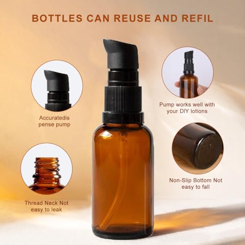 2PCS Upscale Amber Glass Refillable Pump Press Lotion Bottles Container Jars Pot For Makeup Foundations Cosmetic Skin Care Cream Emulsion Essential Oils(100ml / 3.4oz)