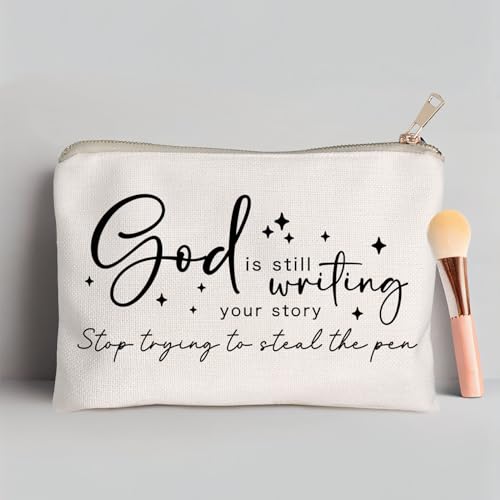 God is Still Writing Your Story Travel Bag Funny Christian Women of the Bible Makeup Bag Bible Quote Christian Quotes Scripture Makeup Pouch Linen Cotton Bag - color: God is writing